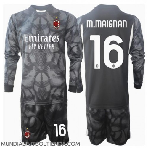 Camiseta AC Milan Mike Maignan #16 Portero Primera Equipación Replica 2024-25 para niños mangas largas (+ Pantalones cortos)